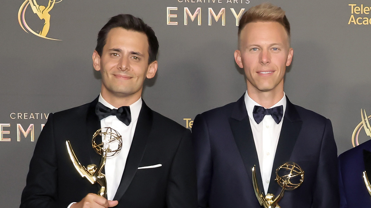 Benj Pasek and Justin Paul are seen after winning the Emmy Award for Outstanding Original Music and Lyrics on Sept. 8, 2024 in Los Angeles.